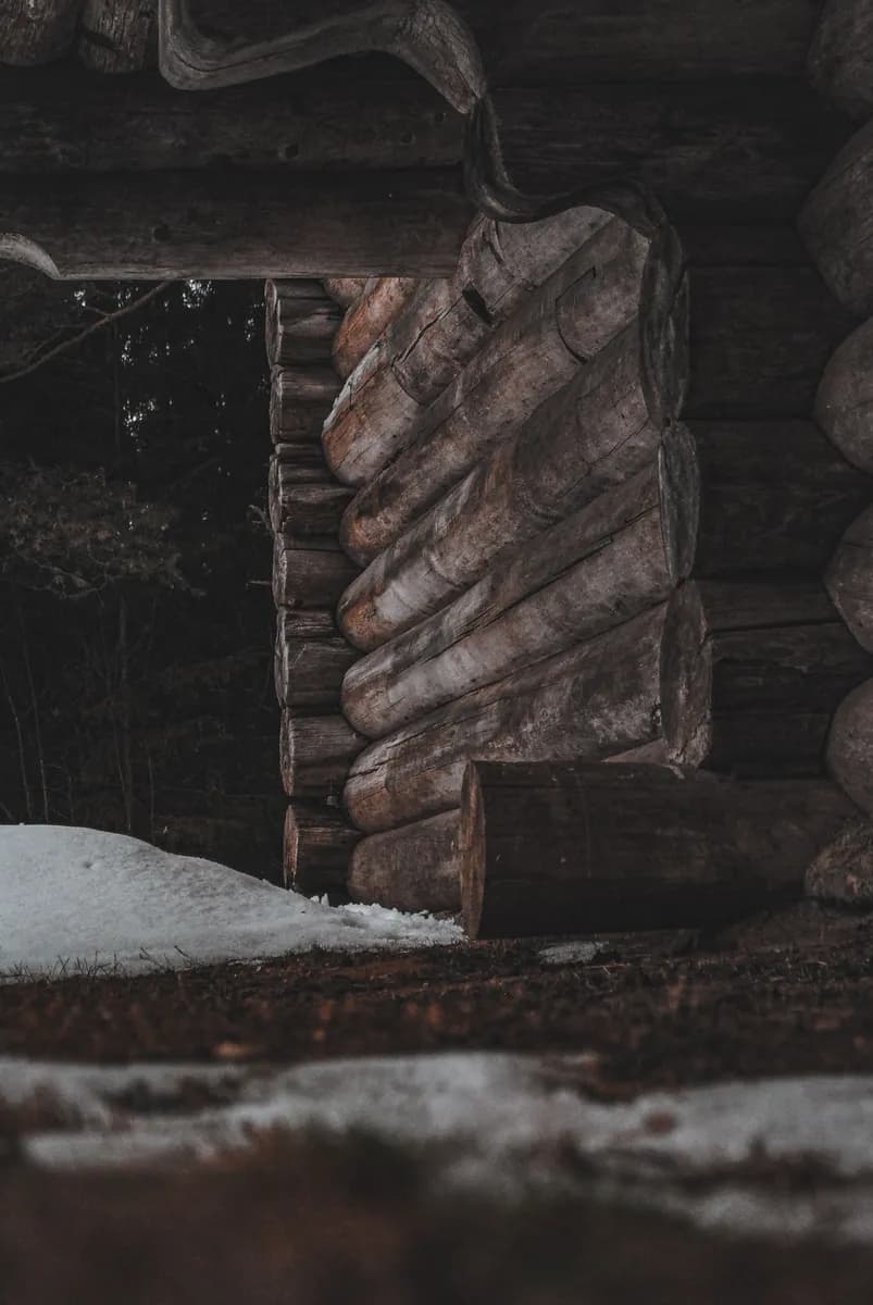 Imagen de ejemplo de BookNoFees: Entrada cubierta de nieve de una cabaña de troncos redondos oscuros