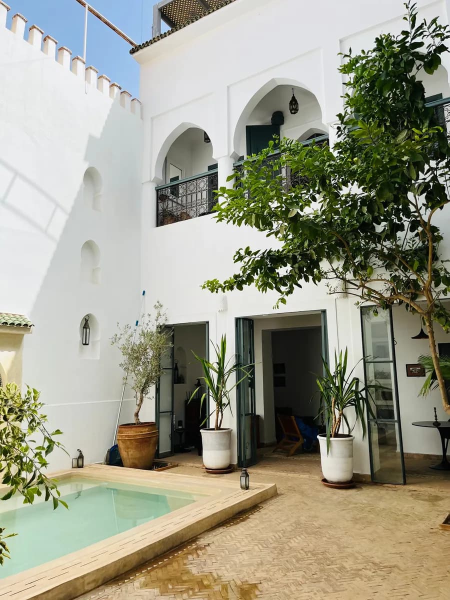 Imagen de ejemplo de BookNoFees: patio interior de un riad con una pequeña piscina y plantas exuberantes