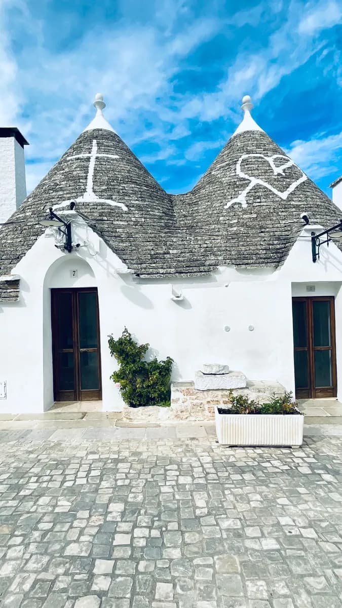 Imagen de ejemplo de BookNoFees: Trulli blancos con techos cónicos de piedra y pequeñas puertas de entrada
