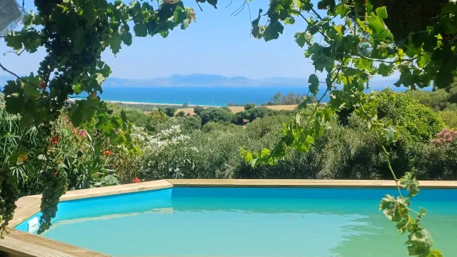 BookNoFees: renta vacacional en Tarifa – Piscina con terraza de madera y vista al mar a través de las vides