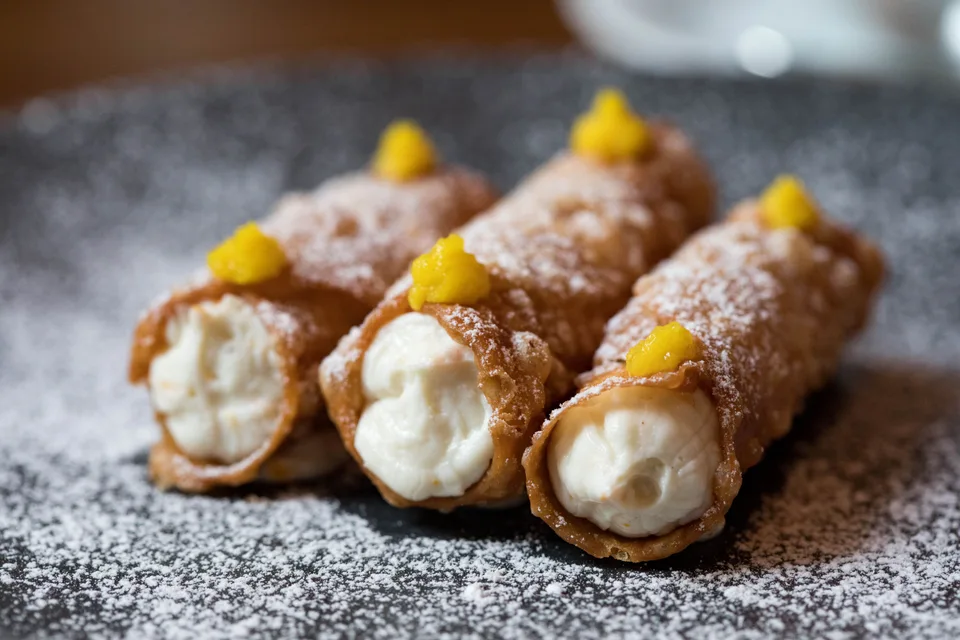 BookNoFees: Foto de ejemplo: Cannoli con relleno cremoso y espolvoreado con azúcar en polvo